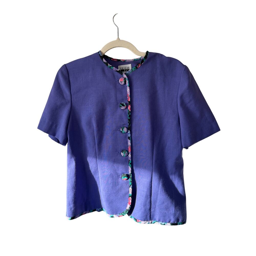 Vintage Leslie Fay 80s 90s Grannycore Retro Purple  Floral Trim Button Up - 8P